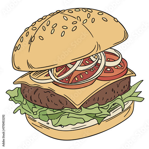 Illustration of a delicious burger with fresh ingredients represents fast food, meal, and tasty snack