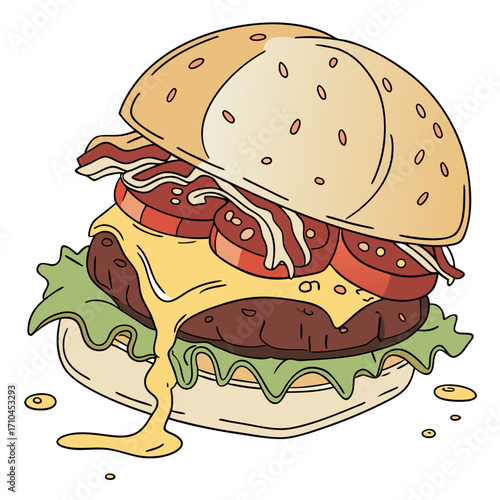 Handdrawn burger with cheese, tomato, lettuce, and bacon this delicious burger illustration is and is perfect for menus or food blogs