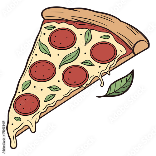 A delicious slice of pepperoni pizza with fresh basil leaves and melted cheese, perfect for food lovers and pizza enthusiasts alike enjoy this tasty treat