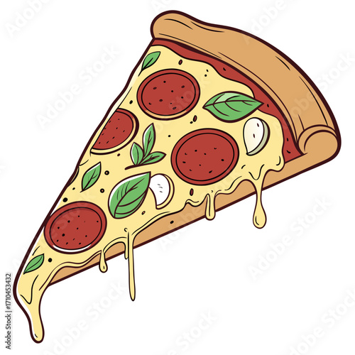 A mouthwatering slice of pepperoni pizza with fresh basil and melted cheese, enjoy this classic italian dish with a modern twist