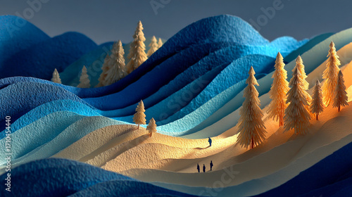 Papercraft landscape with blue hills and tiny figures at sunset. Creativity, journey, imagination. A surreal miniature world. For storytelling, design, art projects.