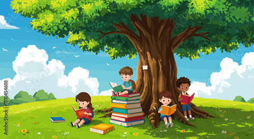 Children reading books under a large tree on a sunny day, promoting education and imagination