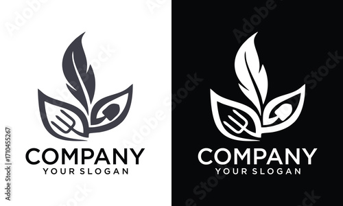 Creative Illustration silhouette Wine leaf with fork restaurant bar sign vector logo template 