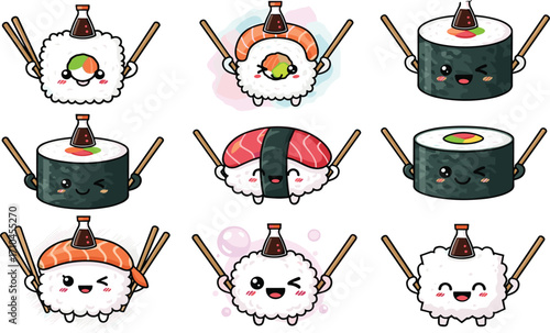 Cute kawaii sushi characters, cartoon sushi rolls with chopsticks, happy rice balls, funny Japanese food, adorable seafood illustration, Asian cuisine artwork