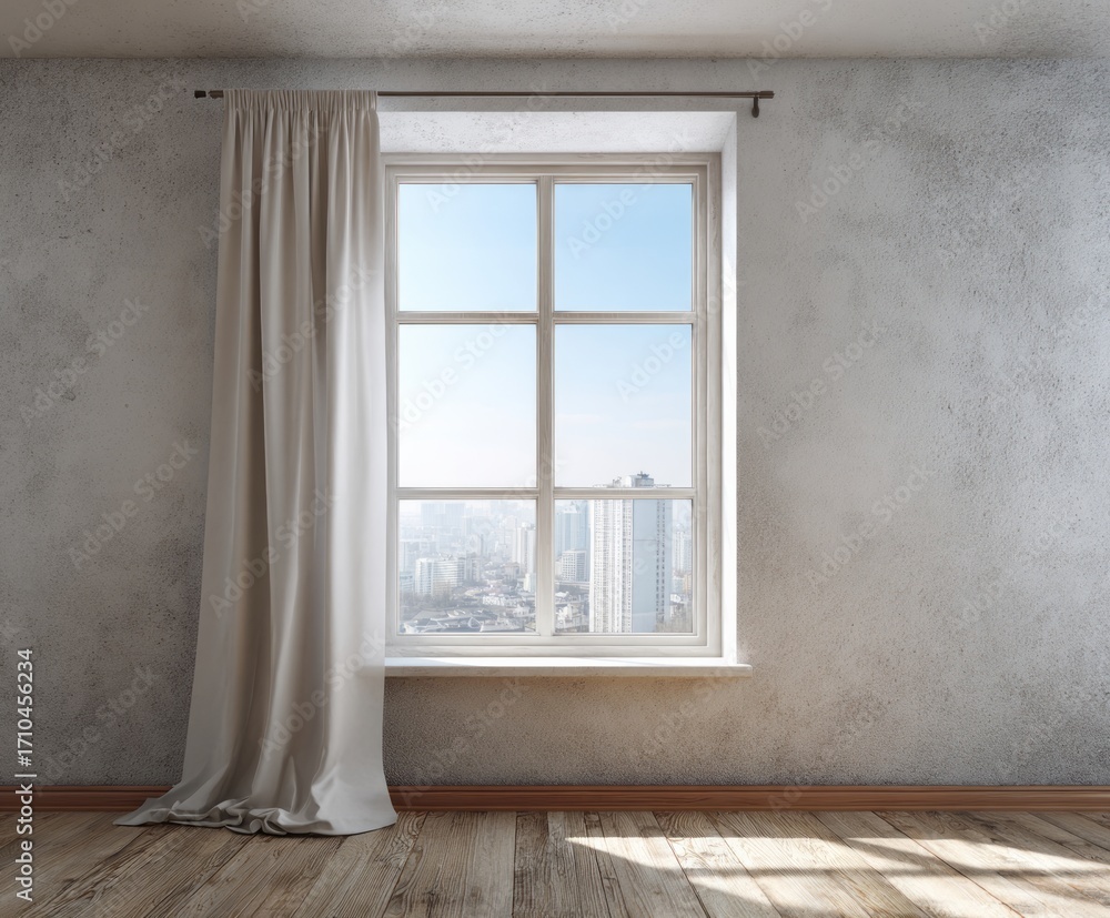 Fototapeta premium A serene room with a large window showcasing a cityscape view, featuring light beige curtains and wooden flooring.