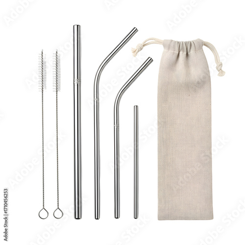 Wallpaper Mural Stainless steel straws and cleaning brushes sit with bag on Transparent Background Torontodigital.ca