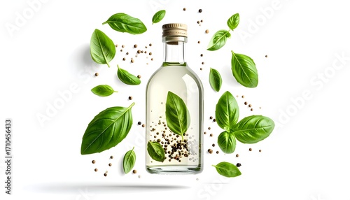 Basil Infused Olive Oil in Glass Bottle with Scattered Leaves and Pepper Corns on Bright White Background Studio Shot