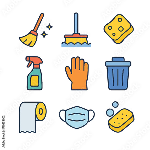 Vibrant cleaning and hygiene icon set, perfect for health, safety, and household design projects