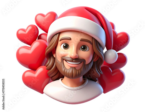  Glossy 3D Christmas illustration Jesus with red hearts Santa hat playful kids design isolated on transparent background PNG