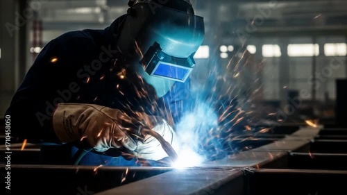 Welder in Protective Gear Performing Sparks Flying Welding in Industrial Workshop