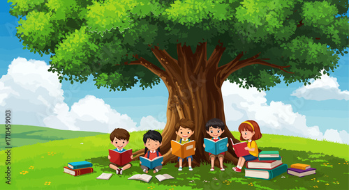 Group of diverse children immersed in books, fostering imagination and knowledge under the shade of a majestic tree in a serene park, promoting childhood learning