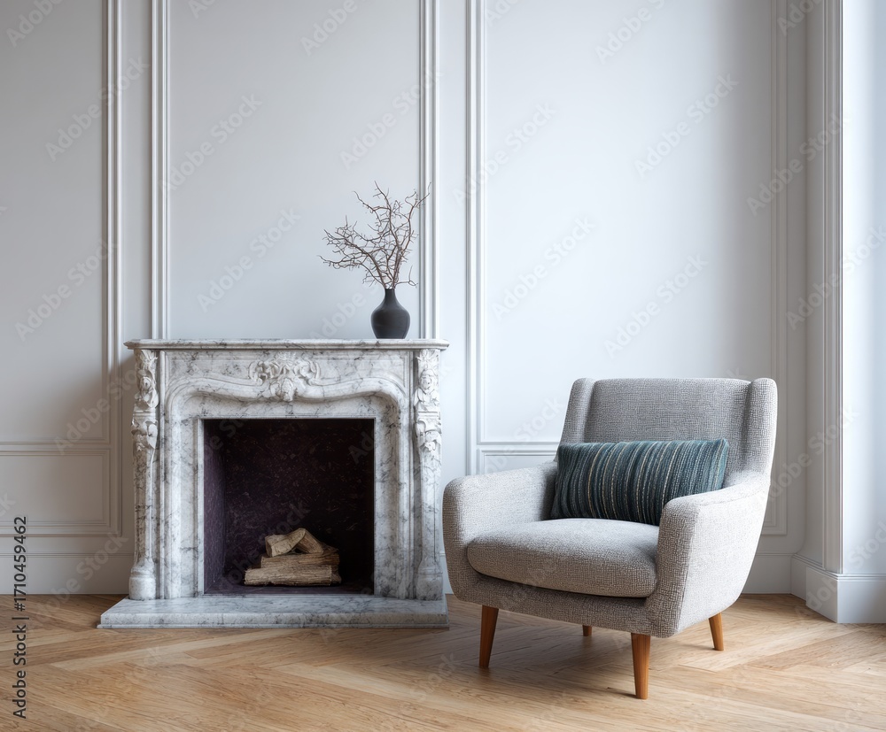 Fototapeta premium A classic, elegant living room scene features a marble fireplace, a comfortable armchair, and a muted color palette.