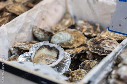 Fototapeta Naklejka Na Ścianę i Meble -  Fresh oysters are for sale in a wooden crate at a street seafood market in Paris, France. One of the shells is open, revealing the meat inside.