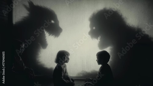 Children's shadows transform into mythical creatures in eerie animation. Dark fantasy concept exploring imagination and inner monsters. Symbolic storytelling video.