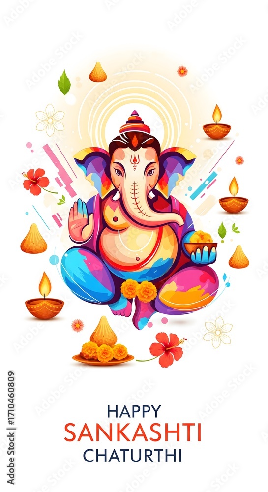 Fototapeta premium Happy sankashti chaturthi festival celebration with lord ganesha and diyas