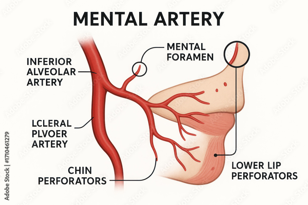 Obraz premium Detailed diagram of the Mental Artery and its surrounding anatomy