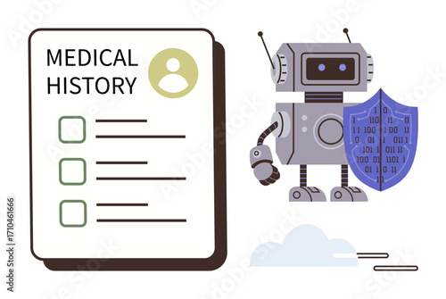 Robot holding shield beside medical history document, representing data privacy, security, and digital health. Ideal for healthcare, AI, cybersecurity, patient protection, tech innovation