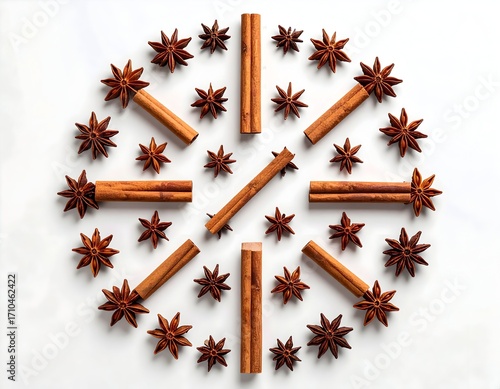 Symmetrical Pattern of Cinnamon Sticks and Star Anise on White Background