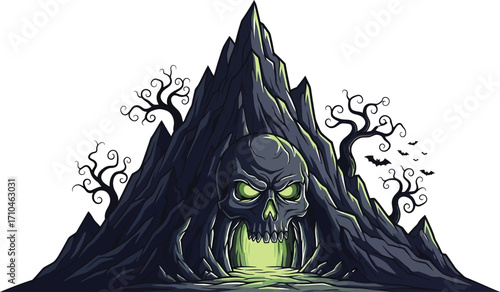 Spooky skull cave entrance with bats for Halloween designs