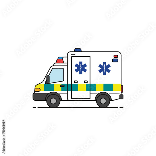 ambulance cartoon illustration with yellow and green stripes for medical emergency patient transport and healthcare access