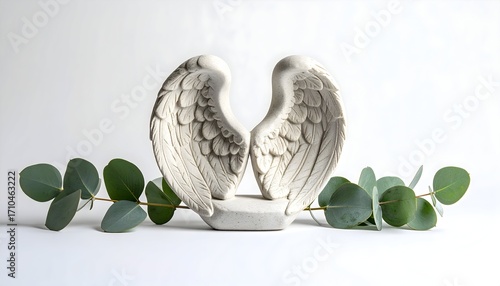 Angel Wings Sculpture with Eucalyptus Sprigs on White Backdrop