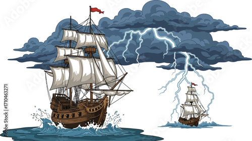 Dramatic sailboats face storm with lightning strikes nearby