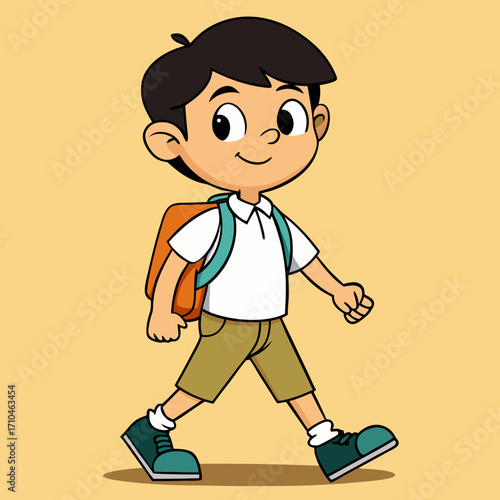 Cartoon illustration of a young boy walking to school with backpack and wearing casual clothes vector art