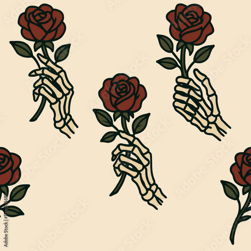 Seamless gothic pattern featuring skeleton hands holding red roses with dark green leaves, blending macabre elegance with romantic symbolism for Halloween, tattoo, and alternative design projects.