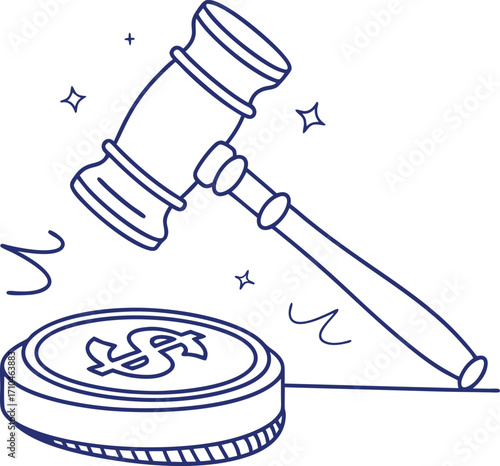 Auction hammer hitting coin outline icon.