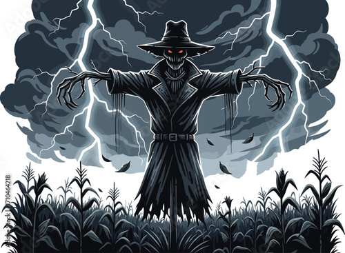 Terrifying scarecrow stands guard during intense lightning storm