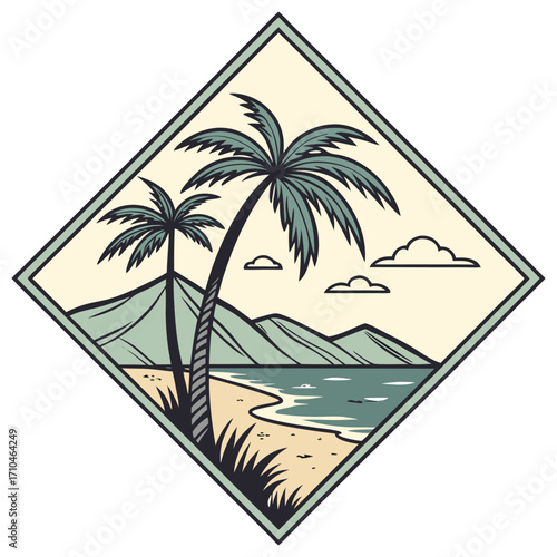 Two palm trees overlook the beach and the mountains in a framed badge