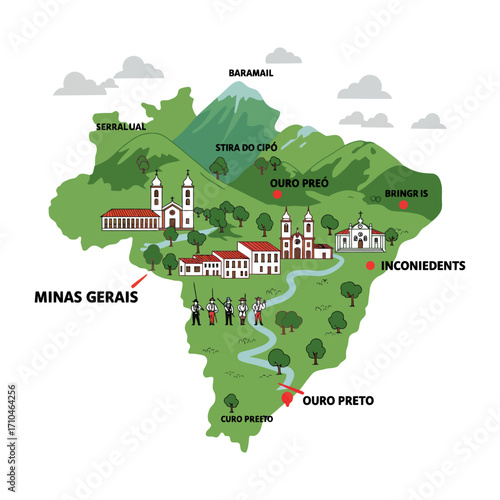 minas gerais brazil map with historical landmarks and river reflecting brazilian heritage and cultural tourism