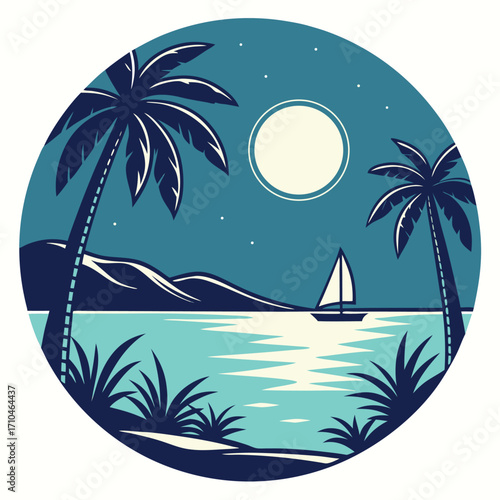 Serene tropical beach at night featuring moonlight, palm trees, and sailboat vista