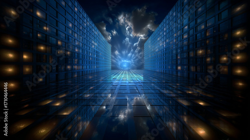 Symmetrical modern skyscraper reflecting sky, viewed from below, centered angle