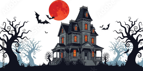 Spooky haunted house with bats against a blood red moon