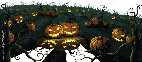 Spooky Halloween pumpkin patch glowing under moonlight sky