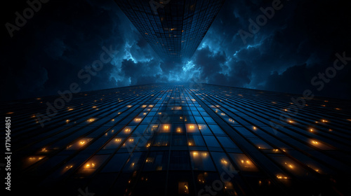 Symmetrical modern skyscraper reflecting sky, viewed from below, centered angle