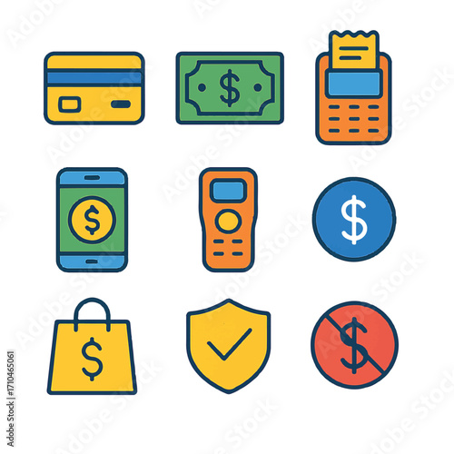 credit card, cash, receipt, mobile pay, calculator, coin, shopping bag, secure, no money