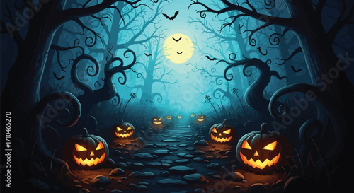 Spooky Halloween night with glowing pumpkins in dark forest