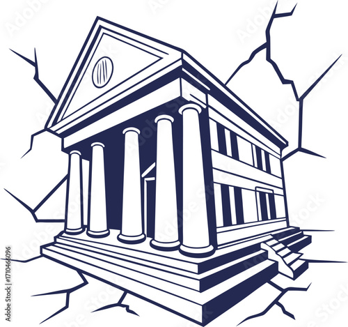 Bank building with cracks outline icon.