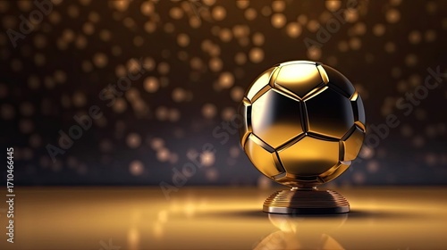 A golden soccer ball on a dark, reflective surface with a blurred background of golden orbs.