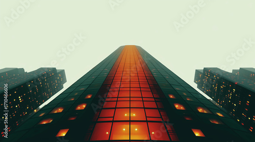 Symmetrical modern skyscraper reflecting sky, viewed from below, centered angle