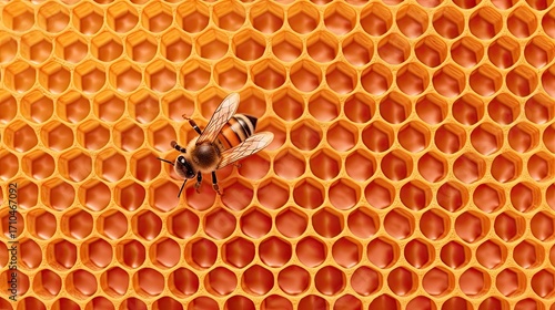 A honey bee on a honeycomb with a yellow background.