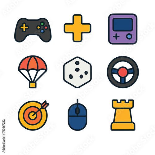 controller, add button, console, parachute, dice, steering wheel, target, mouse, tower