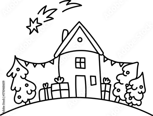 Festive House with Holiday Decorations Border Doodle