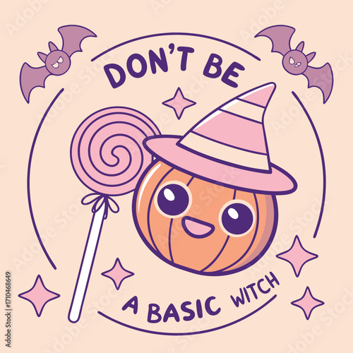 Cute smiling pumpkin wearing pink witch hat holds lollipop with bats surrounding