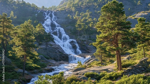 Mountain Waterfall Cascading Through Rocky Terrain, Scenic View