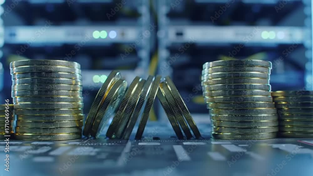 A stack of gold coins on a computer motherboard symbolizing crypto mining and digital currency in a technology driven environment for finance and investment purposes with a focus