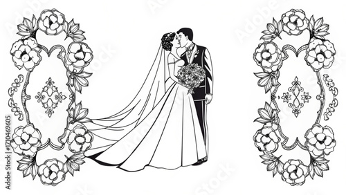 A bride and groom kissing surrounded by floral frames in a black and white vector illustration silhouette
