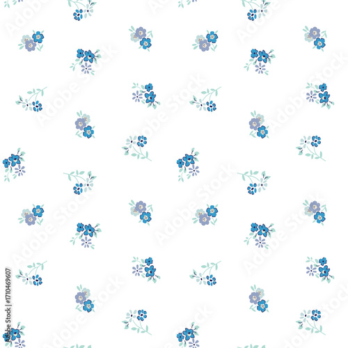 Cute ditsy floral seamless pattern. Delicate blue and purple flower bouquets in a vintage style. Sweet vector background for fabric, wallpaper, or nursery decor.